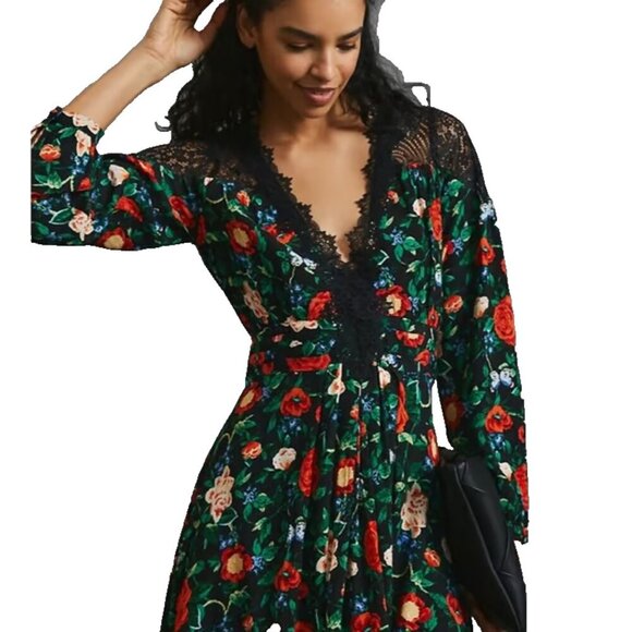 By Anthropologie Lacy V-Neck Mini Dress Women Size 4 Black - Picture 3 of 14